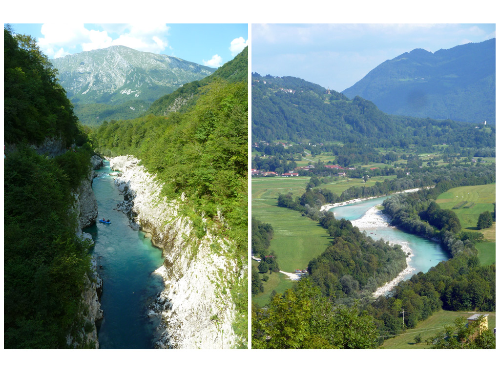 Reka Soča; slika levo: erozijsko delovanje reke; slika desno: erozijsko in akumulacijsko delovanje reke